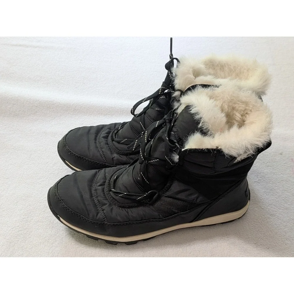 Sorel Winter Whitney Boot Fur 11 Black Nylon Quilted Lace Up Bootie Waterproof